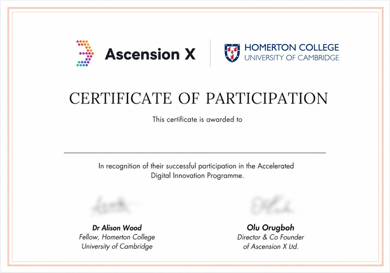 Sample Certificate of Participation for the Accelerated Digital Innovation programme, bearing the Ascension X and Homerton College, University of Cambridge logos